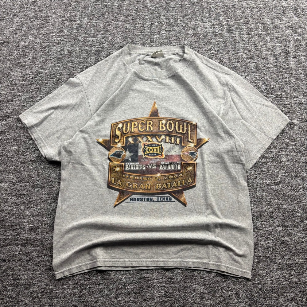 Vintage Y2K Lee Sport NFL Super Bowl 38 Panthers vs Patriots T-Shirt Grey Large